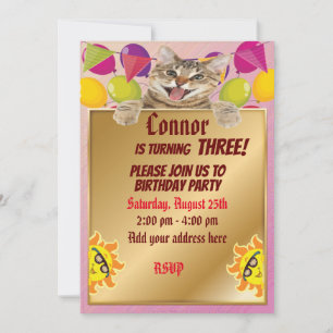 Invitation Chat mignon avec or et soleils amusants