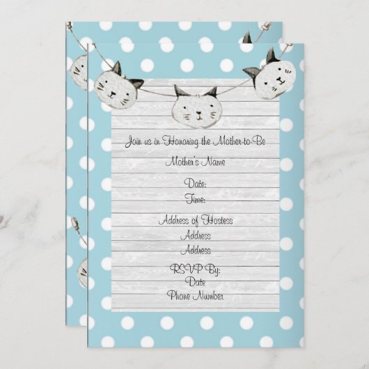 Invitation Chat mignon bébé garçon bleu Polka point Rustique (Devant / Derrière)