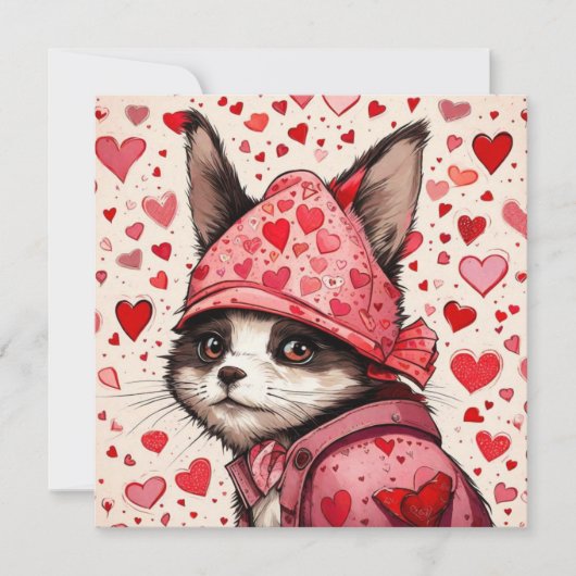 Invitation Chat mignon et coeurs rouges (Devant)