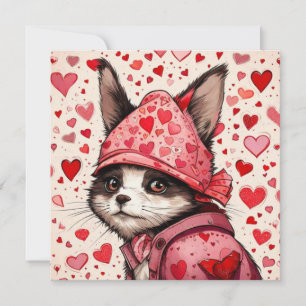 Invitation Chat mignon et coeurs rouges