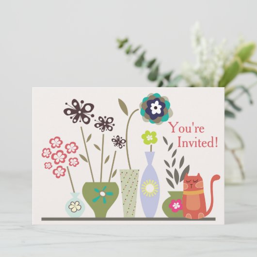 Invitation Chat mignon et fleurs pointillées Anniversaire (Debout devant)