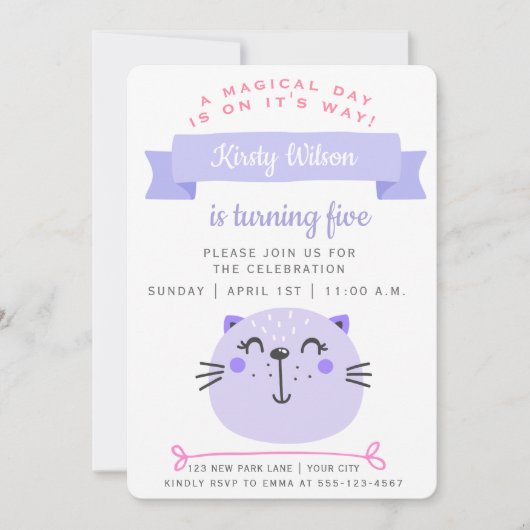 Invitation Chat mignon pourpre | ANNIVERSAIRE DE ENFANT (Devant)