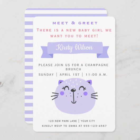 Invitation Chat mignon pourpre | Meet & Greet New Baby (Devant / Derrière)