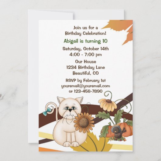 Invitation Chat mignonne et tournesol Automne fête d'annivers (Dos)