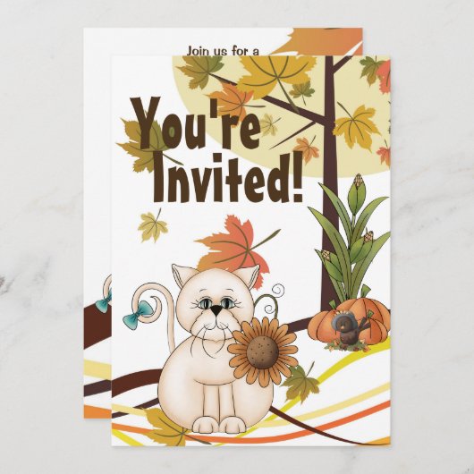 Invitation Chat mignonne et tournesol Automne fête d'annivers (Devant / Derrière)