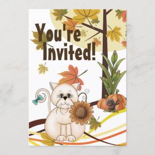Invitation Chat mignonne et tournesol Automne fête d'annivers