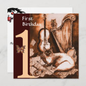 Invitation CHAT MUSICAL Première fête d'anniversaire Brown et (Devant / Derrière)