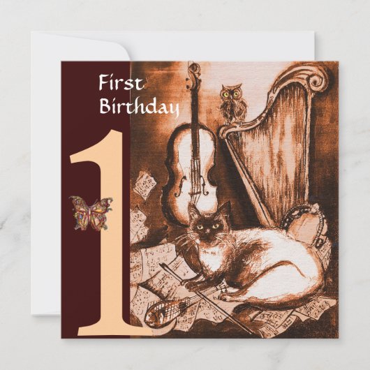 Invitation CHAT MUSICAL Première fête d'anniversaire Brown et (Devant)