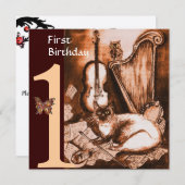 Invitation CHAT MUSICAL Première fête d'anniversaire Champagn (Devant / Derrière)