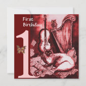 Invitation CHAT MUSICAL Première fête d'anniversaire, or roug (Devant)