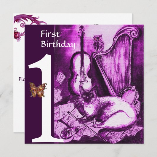 Invitation CHAT MUSICAL Violet violet première fête d'anniver (Devant / Derrière)