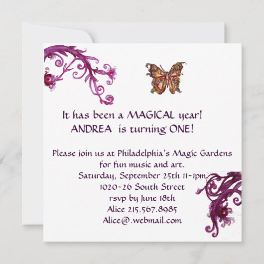 Invitation CHAT MUSICAL Violet violet première fête d'anniver (Dos)