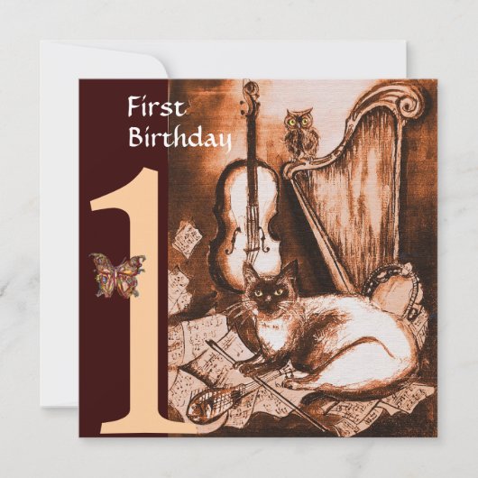 Invitation CHAT MUSICALE Première fête d'anniversaire Gold Br (Devant)