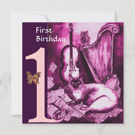 Invitation CHAT MUSICALE Rose Fuchsia Premier Anniversaire (Devant)