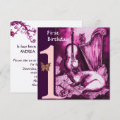 Invitation CHAT MUSICALE Rose Fuchsia Premier Anniversaire (Devant / Derrière)