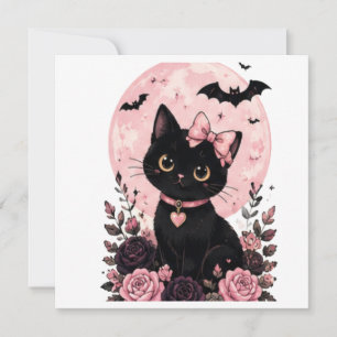 Invitation Chat noir au collier Lune Citrouille Rose