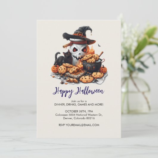 Invitation Chat noir, cookies et pot blanc Éffrayant, Hallowe (Debout devant)