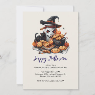 Invitation Chat noir, cookies et pot blanc Éffrayant, Hallowe