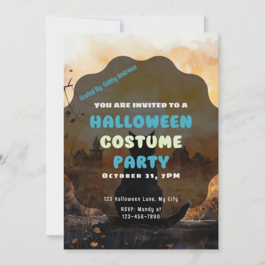 Invitation Chat Noir Couleur Soleil Automne Halloween (Devant)