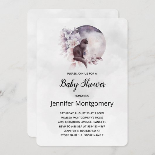 Invitation Chat noir devant une douche magique à Pleine lune (Devant / Derrière)