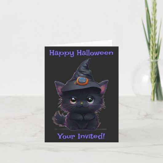 Invitation Chat noir d'Halloween blanc mignon (Devant)