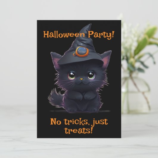 Invitation Chat noir d'Halloween blanc mignon (Debout devant)