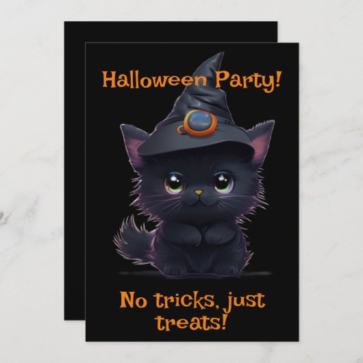 Invitation Chat noir d'Halloween blanc mignon (Devant / Derrière)