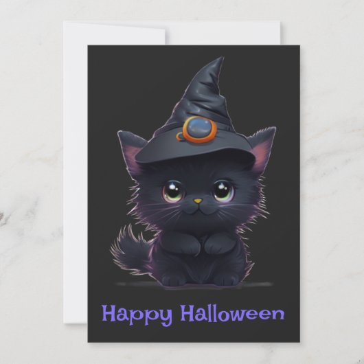Invitation Chat noir d'Halloween blanc mignon (Devant)
