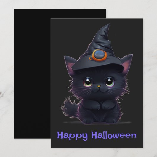 Invitation Chat noir d'Halloween blanc mignon (Devant / Derrière)