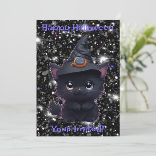 Invitation Chat noir d'Halloween blanc mignon (Debout devant)