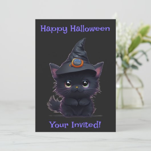 Invitation Chat noir d'Halloween blanc mignon (Debout devant)