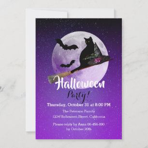 Invitation Chat noir d'Halloween sur Broom Pleine lune Party