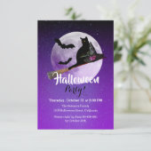Invitation Chat noir d'Halloween sur Broom Pleine lune Party (Debout devant)