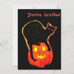 Invitation Chat noir d'Halloween sur une citrouille orange br