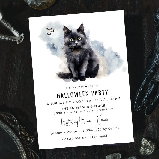 Invitation Chat noir éffrayant | Cute Witchy Halloween Party