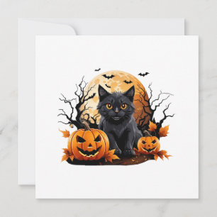 Invitation Chat noir entouré de citrouilles