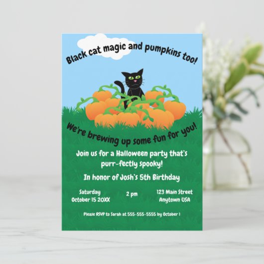 Invitation Chat noir et chute de citrouille (Debout devant)