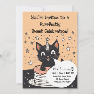 Invitation Chat noir Fête d'anniversaire Stars Gâteau rose En