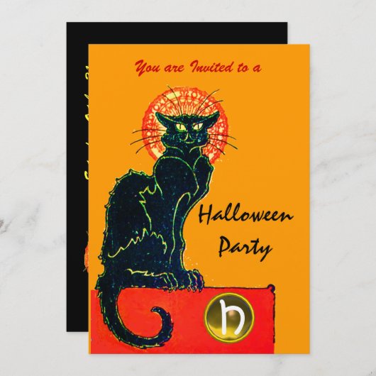 Invitation CHAT NOIR HALLOWEEN PARTI MONOGRAM or (Devant / Derrière)