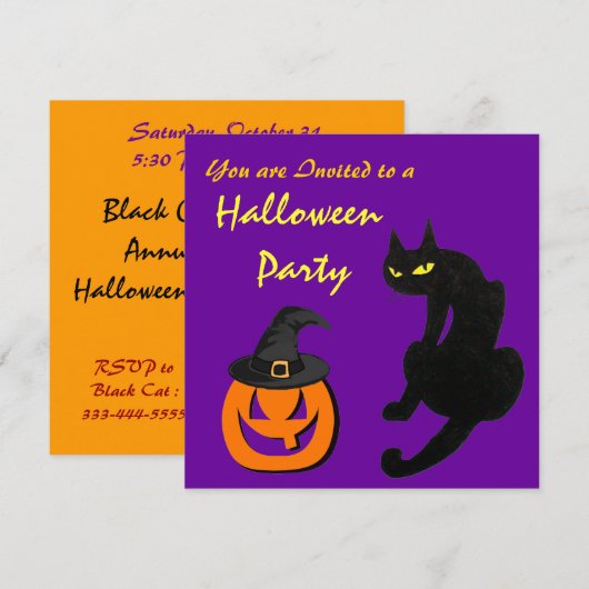 INVITATION CHAT NOIR HALLOWEEN PARTY (Devant / Derrière)