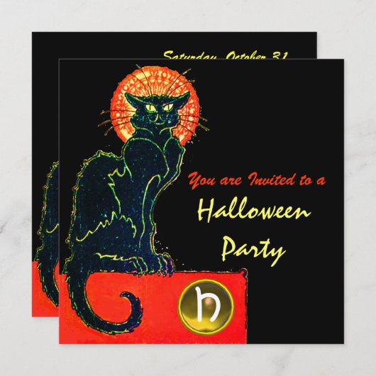 INVITATION CHAT NOIR HALLOWEEN PARTY MONOGRAM (Devant / Derrière)
