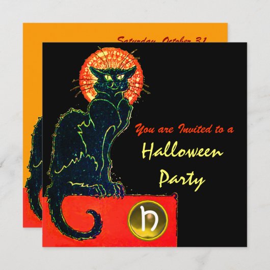 INVITATION CHAT NOIR HALLOWEEN PARTY MONOGRAM (Devant / Derrière)