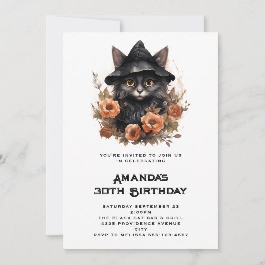 Invitation Chat noir mignon dans une sorcière Casquette Anniv (Devant)