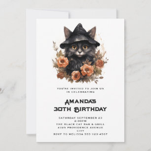 Invitation Chat noir mignon dans une sorcière Casquette Anniv