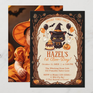 Invitation Chat noir mignon et effrayant Halloween Sorcière 1