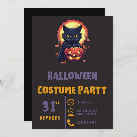 Invitation Chat noir moderne et chat Jack-O' Lanterne Hallowe (Devant / Derrière)