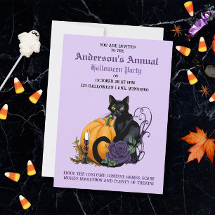 Invitation Chat Noir Rose Pourpre Citrouille Fête d'Halloween