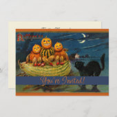 Invitation Chat noir vintage Halloween Citrouille (Devant / Derrière)