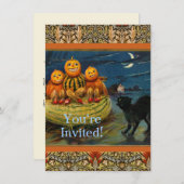 Invitation Chat noir vintage Halloween Citrouille (Devant / Derrière)