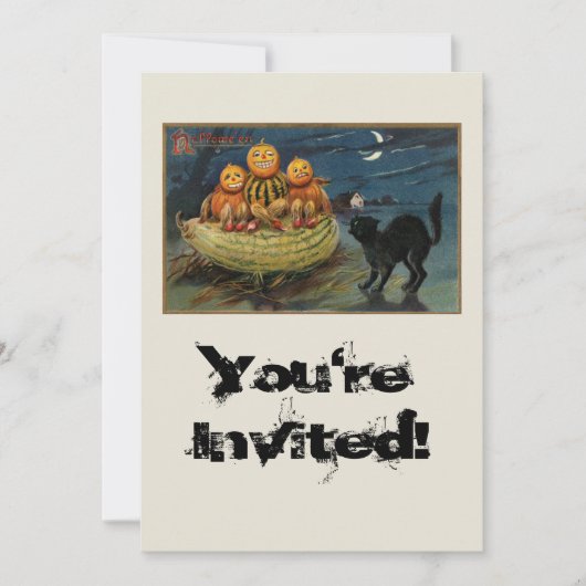 Invitation Chat noir vintage Halloween Citrouille (Devant)